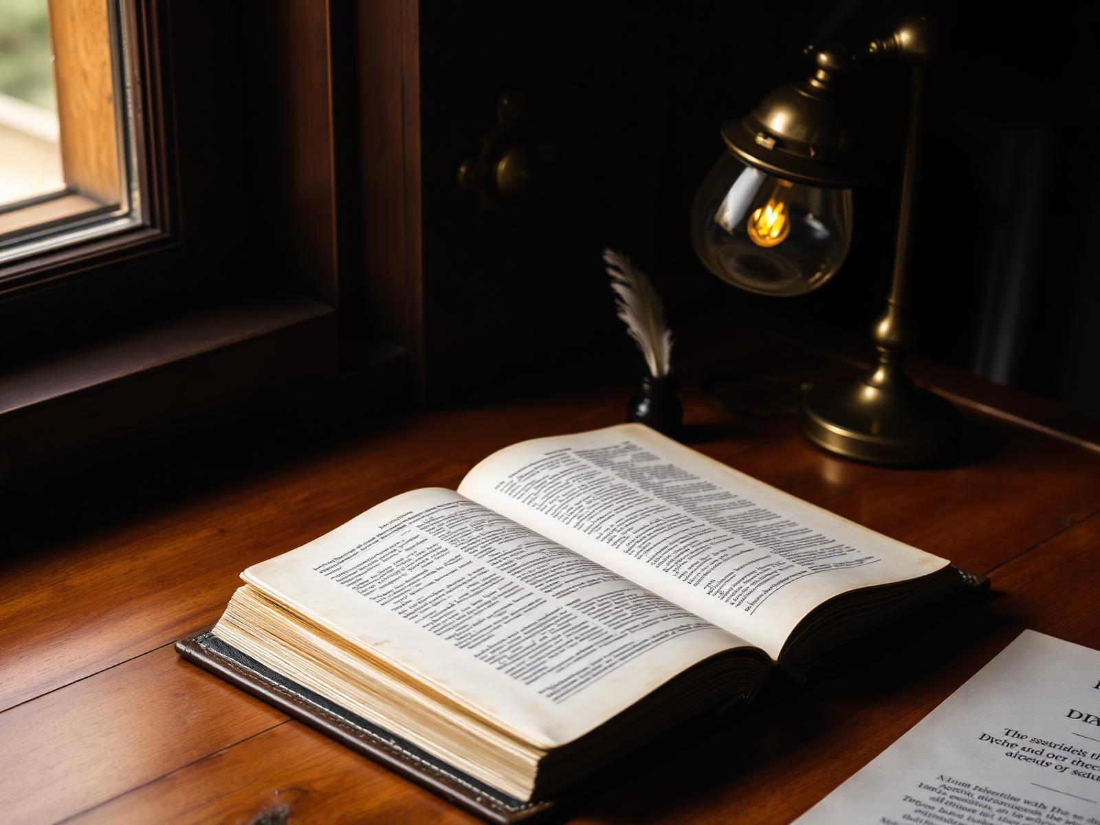 Libro reformado abierto sobre un escritorio con luz cálida